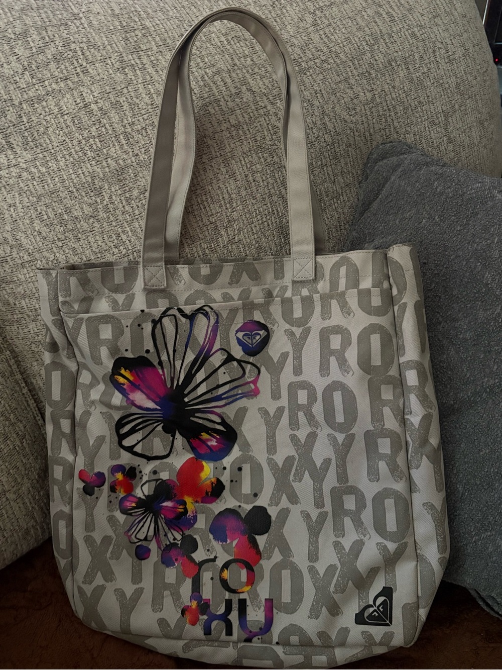 Roxy Gray Tote with Multicolor Butterfly Motif